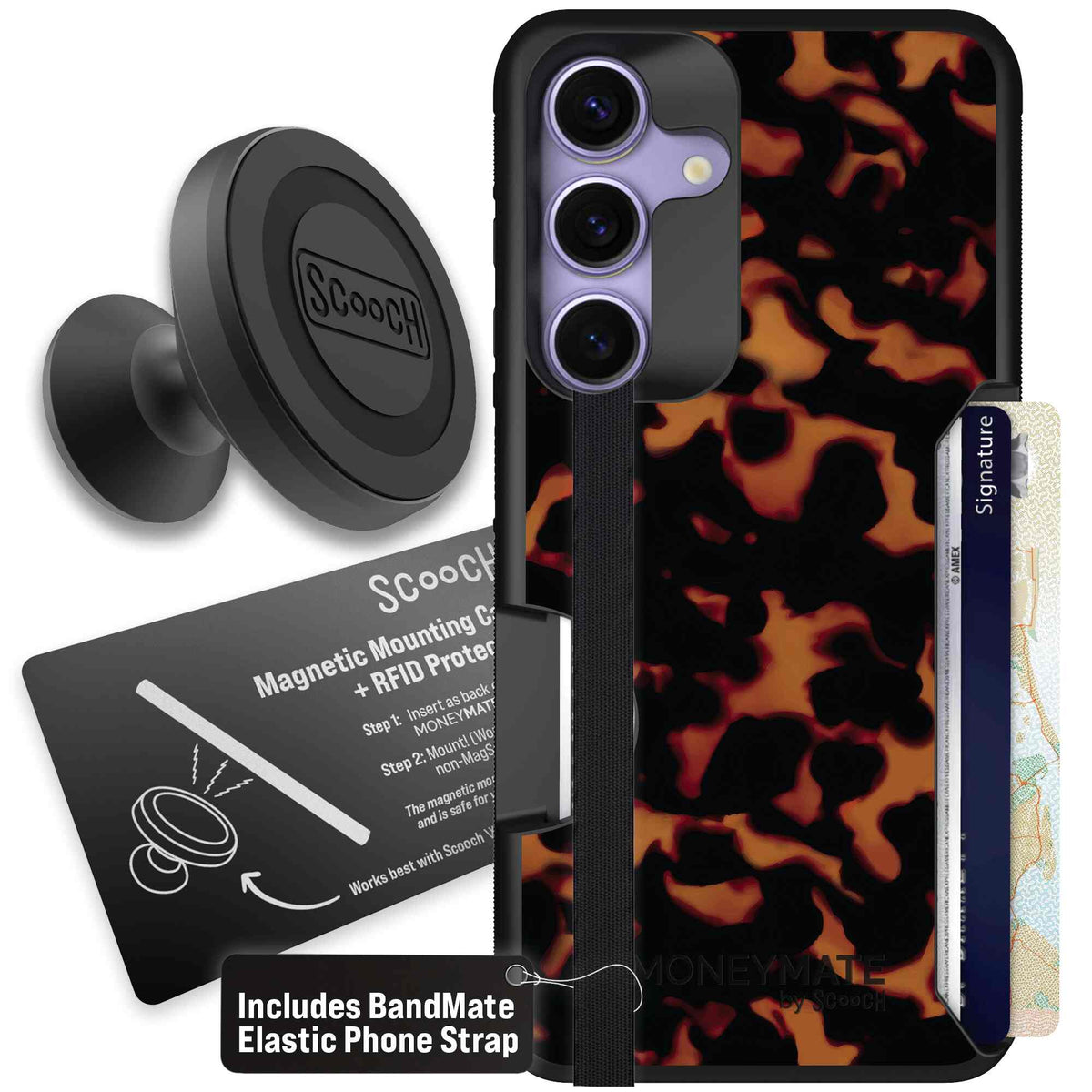 Tortoise Shell amber brown and black mottled pattern on a scoochzza Moneymate case for Galaxy S25 - Starter Bundle