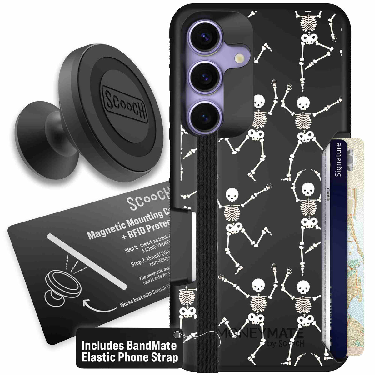 Swinging Skeletons white dancing skeleton pattern on a black scoochzza Moneymate case for Galaxy S25 - Starter Bundle