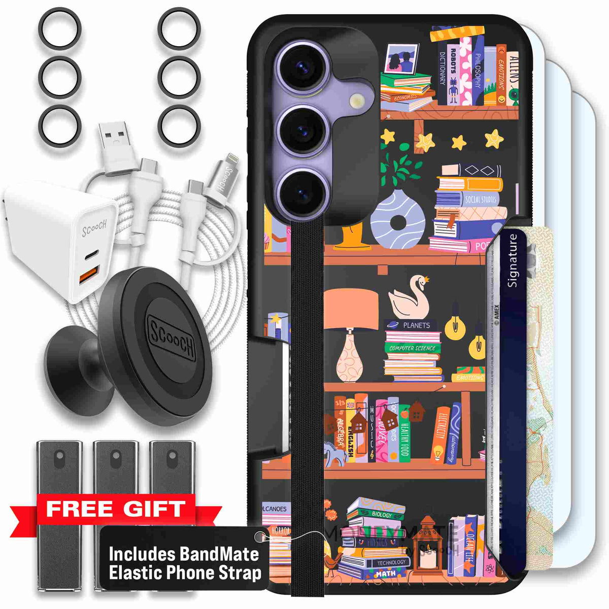 Little Library colorful book and bookshelf pattern on a scoochzza Moneymate case for Galaxy S25 - Ultimate Bundle