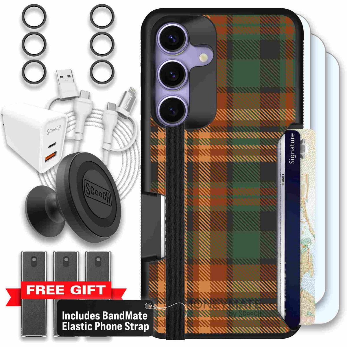 Fall Flannel orange and brown plaid pattern on a scoochzza Moneymate case for Galaxy S25 - Ultimate Bundle