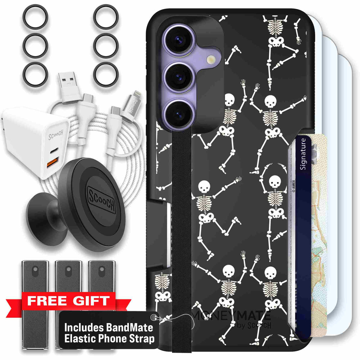 Swinging Skeletons white dancing skeleton pattern on a black scoochzza Moneymate case for Galaxy S25 - Ultimate Bundle