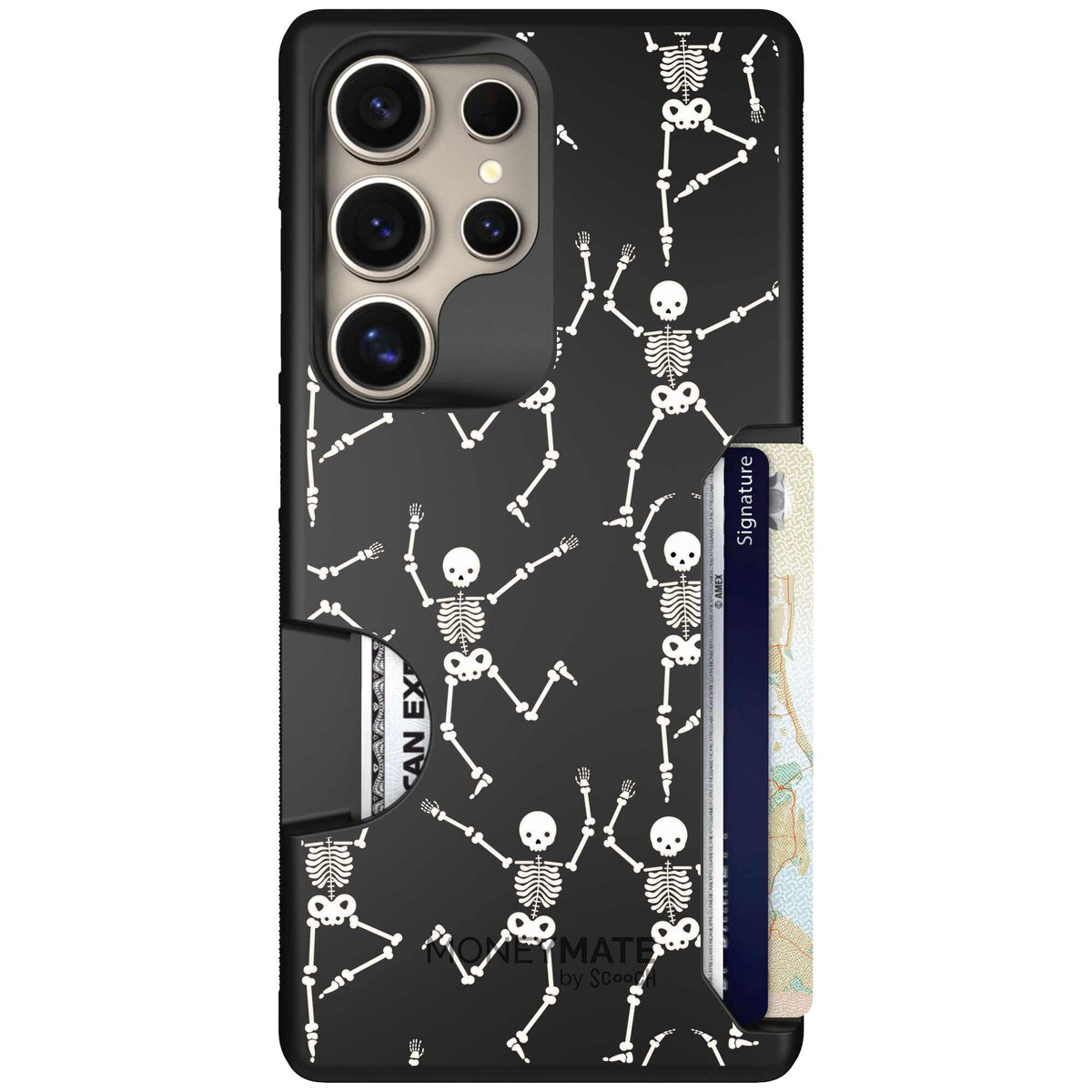 Swinging Skeletons white dancing skeleton pattern on a black scoochzza Moneymate case for Galaxy S25 Ultra