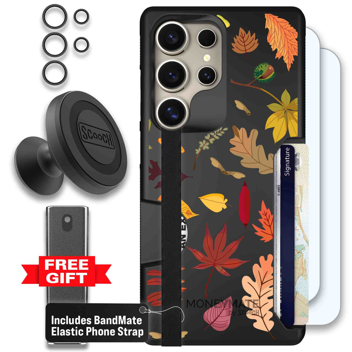 Autumn Leaves multicolored fall foliage pattern on a charcoal scoochzza Moneymate case for Galaxy S25 Ultra - Defender Bundle
