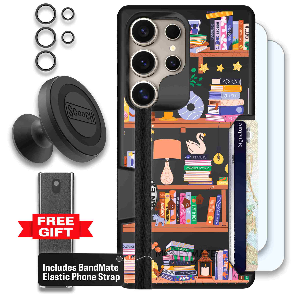 Little Library colorful book and bookshelf pattern on a scoochzza Moneymate case for Galaxy S25 Ultra - Defender Bundle