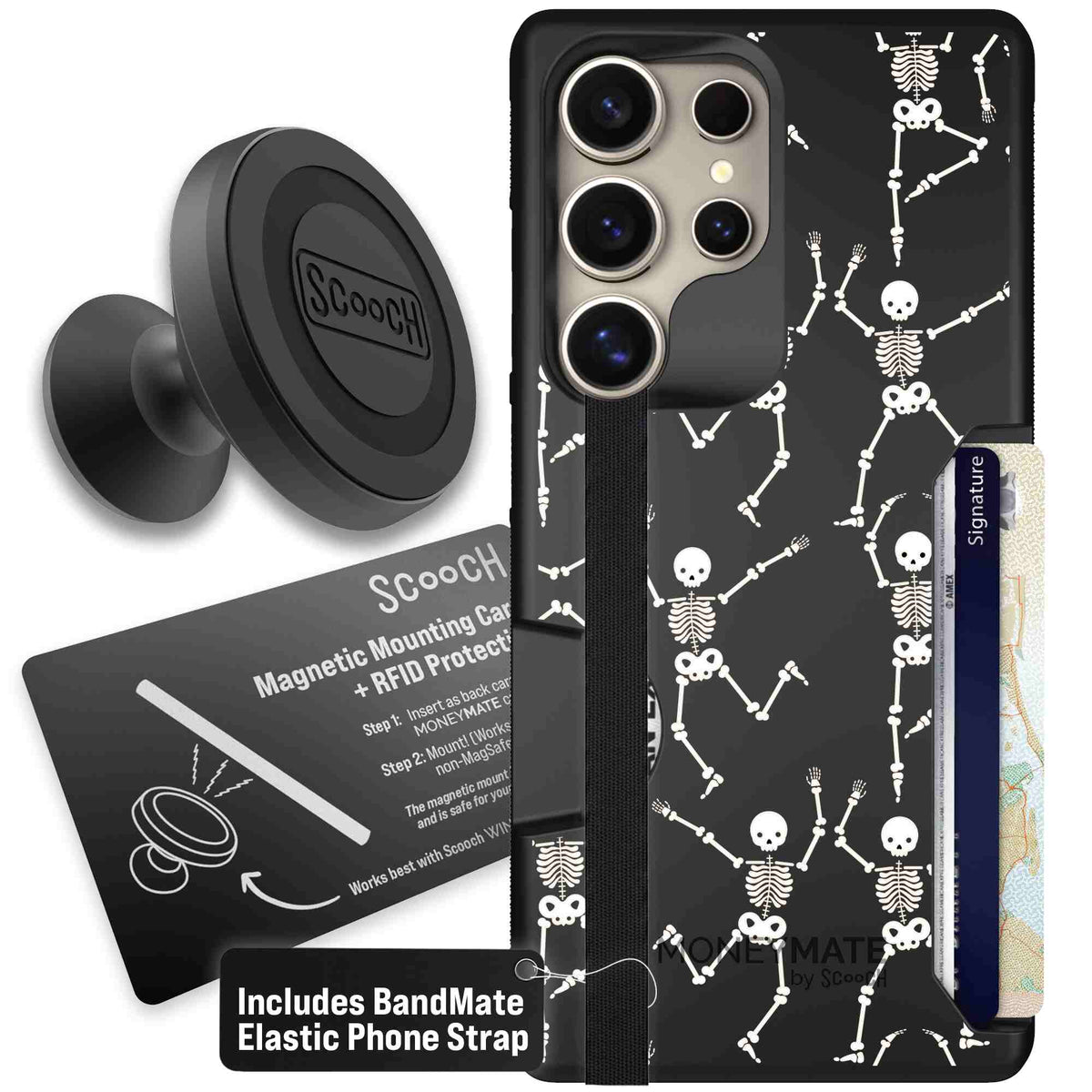 Swinging Skeletons white dancing skeleton pattern on a black scoochzza Moneymate case for Galaxy S25 Ultra - Starter Bundle