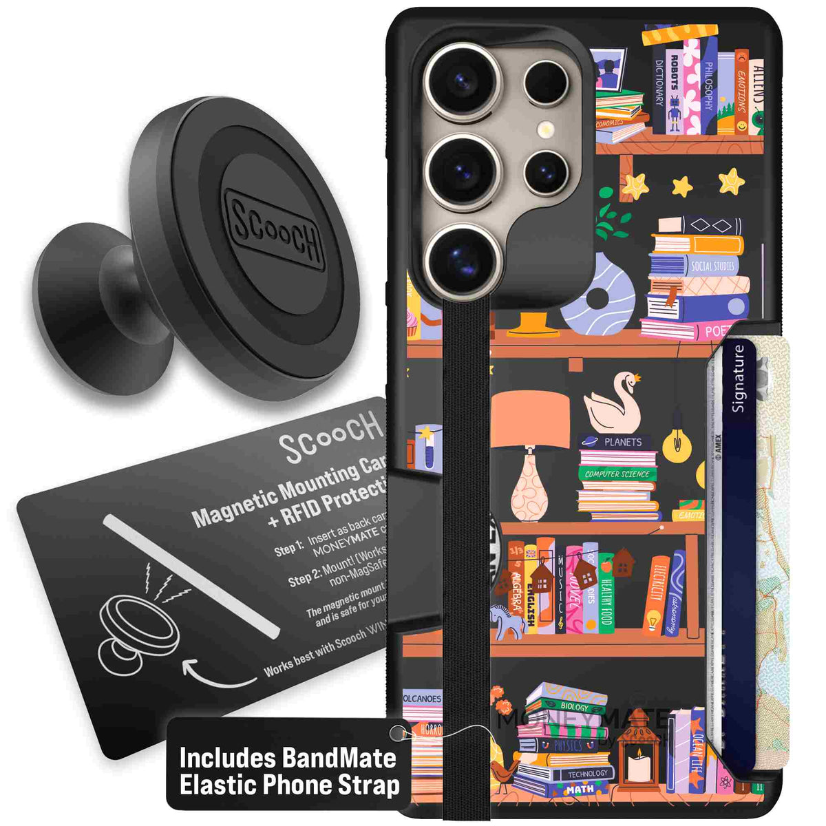 Little Library colorful book and bookshelf pattern on a scoochzza Moneymate case for Galaxy S25 Ultra - Starter Bundle