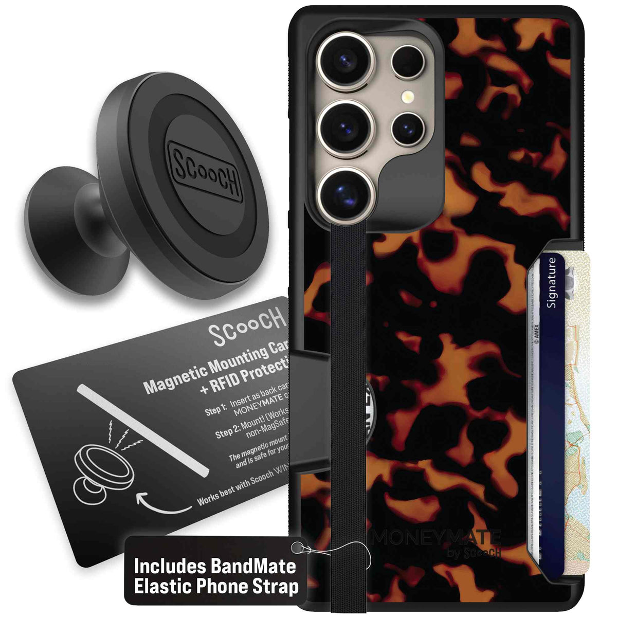 Tortoise Shell amber brown and black mottled pattern on a scoochzza Moneymate case for Galaxy S25 Ultra - Starter Bundle