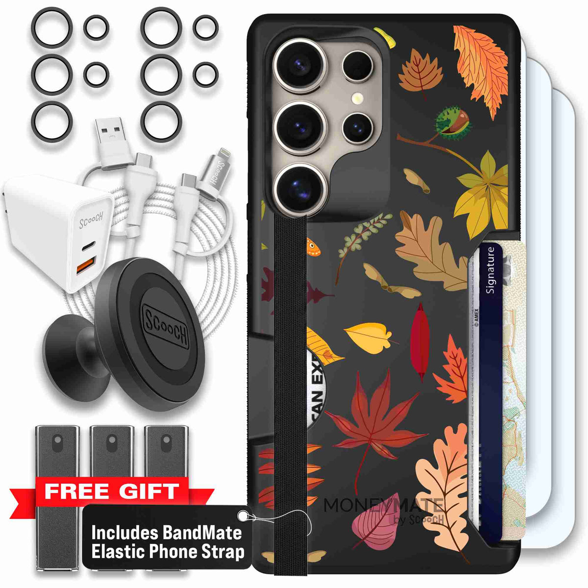 Autumn Leaves multicolored fall foliage pattern on a charcoal scoochzza Moneymate case for Galaxy S25 Ultra - Ultimate Bundle