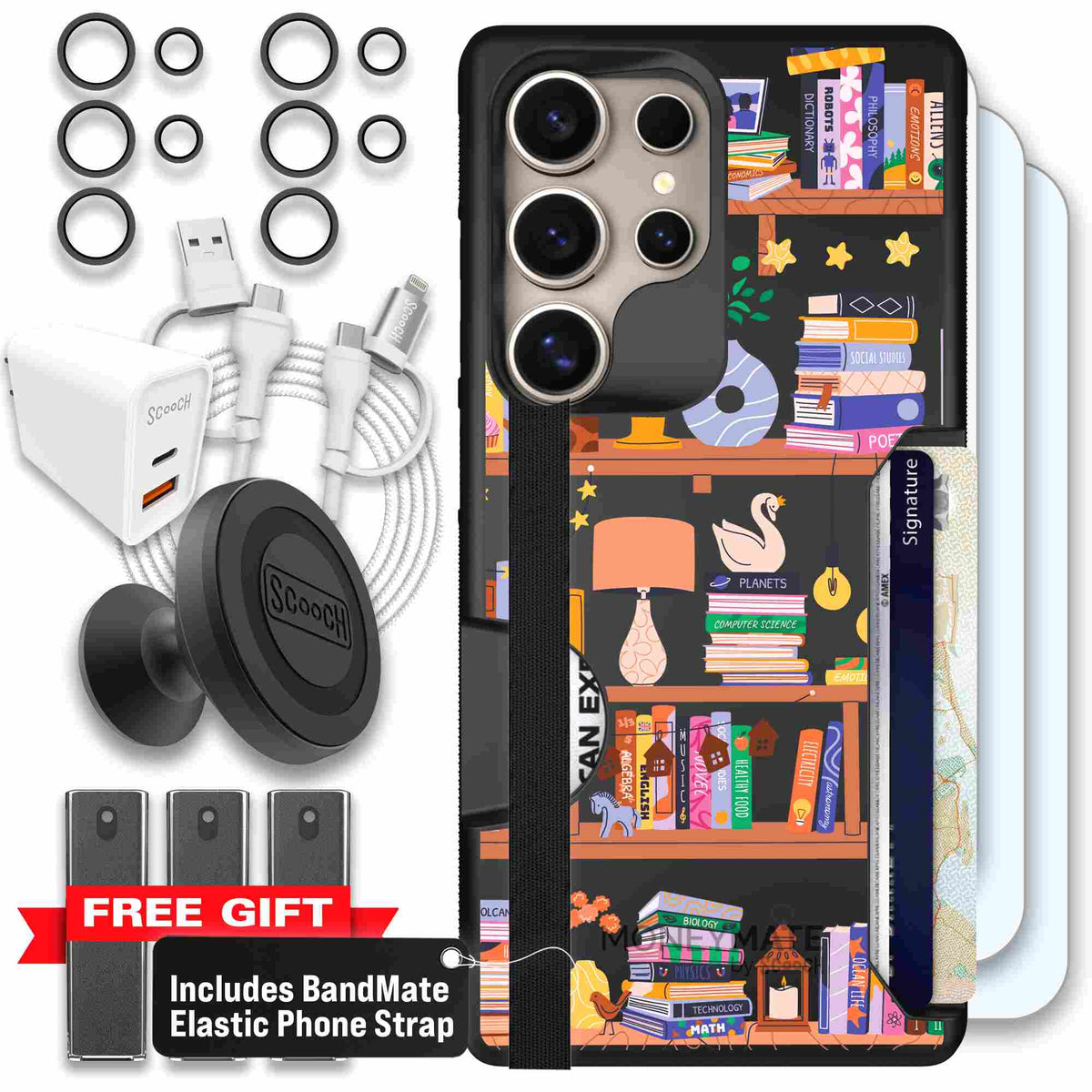 Little Library colorful book and bookshelf pattern on a scoochzza Moneymate case for Galaxy S25 Ultra - Ultimate Bundle