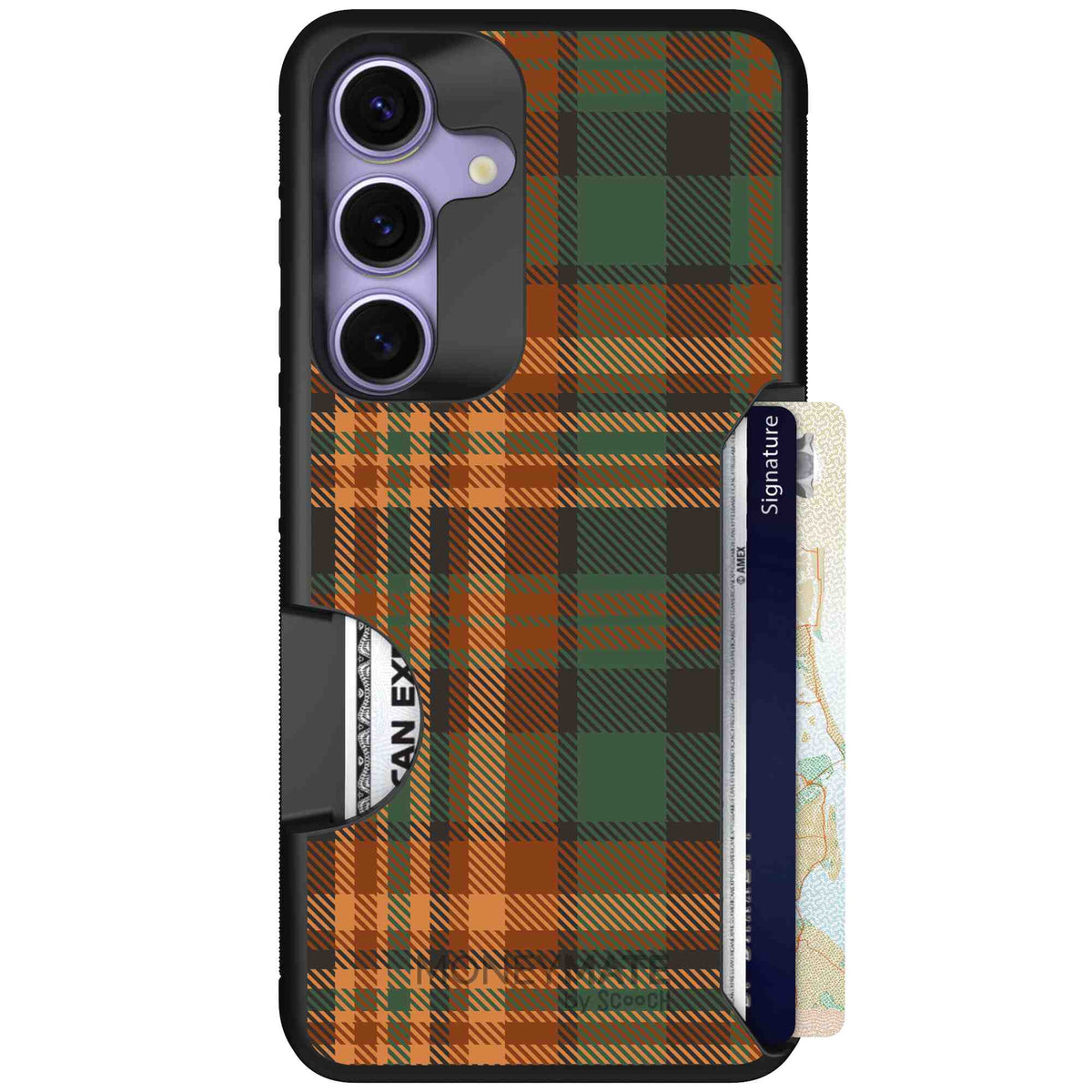 Fall Flannel orange and brown plaid pattern on a scoochzza Moneymate case for Galaxy S25