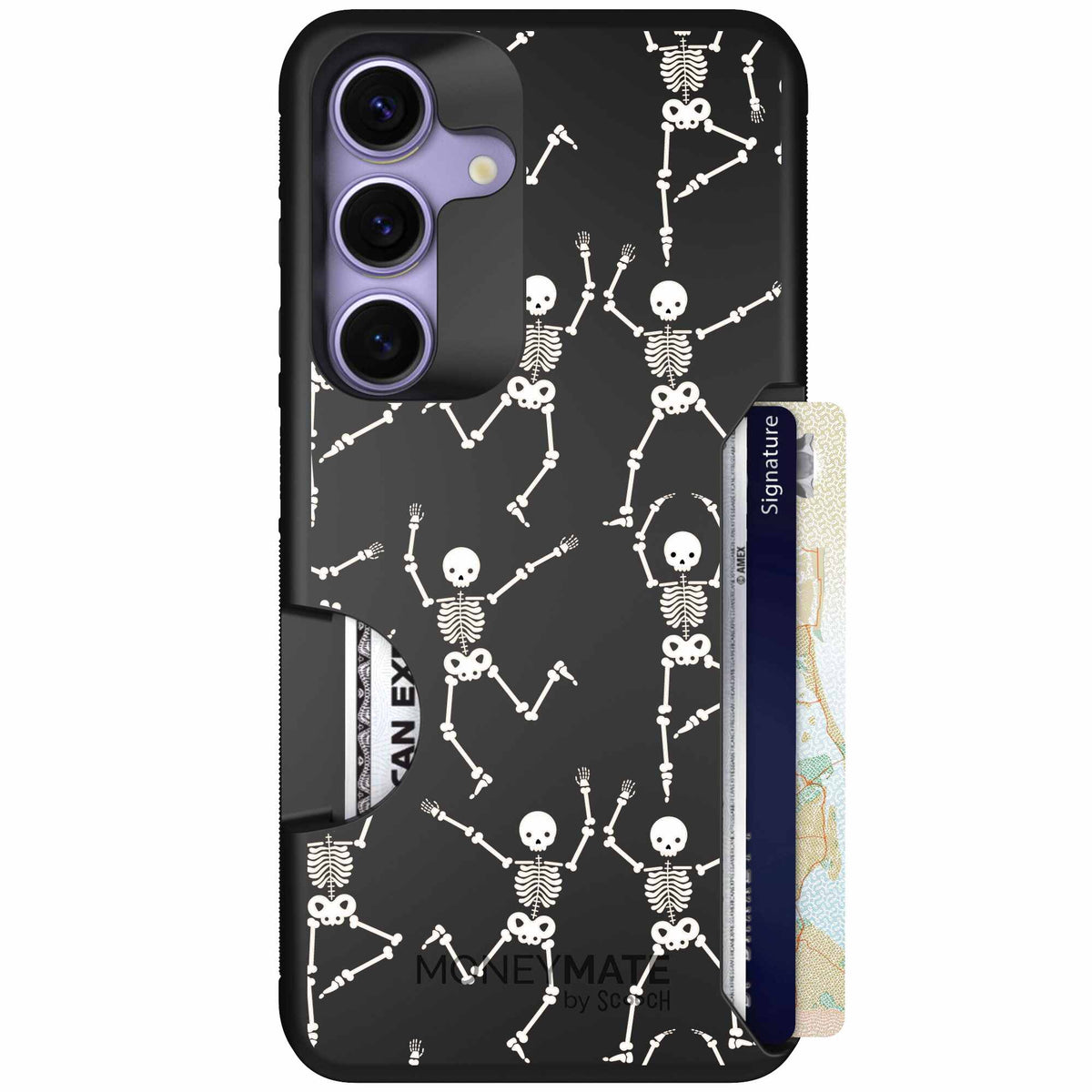 Swinging Skeletons white dancing skeleton pattern on a black scoochzza Moneymate case for Galaxy S25