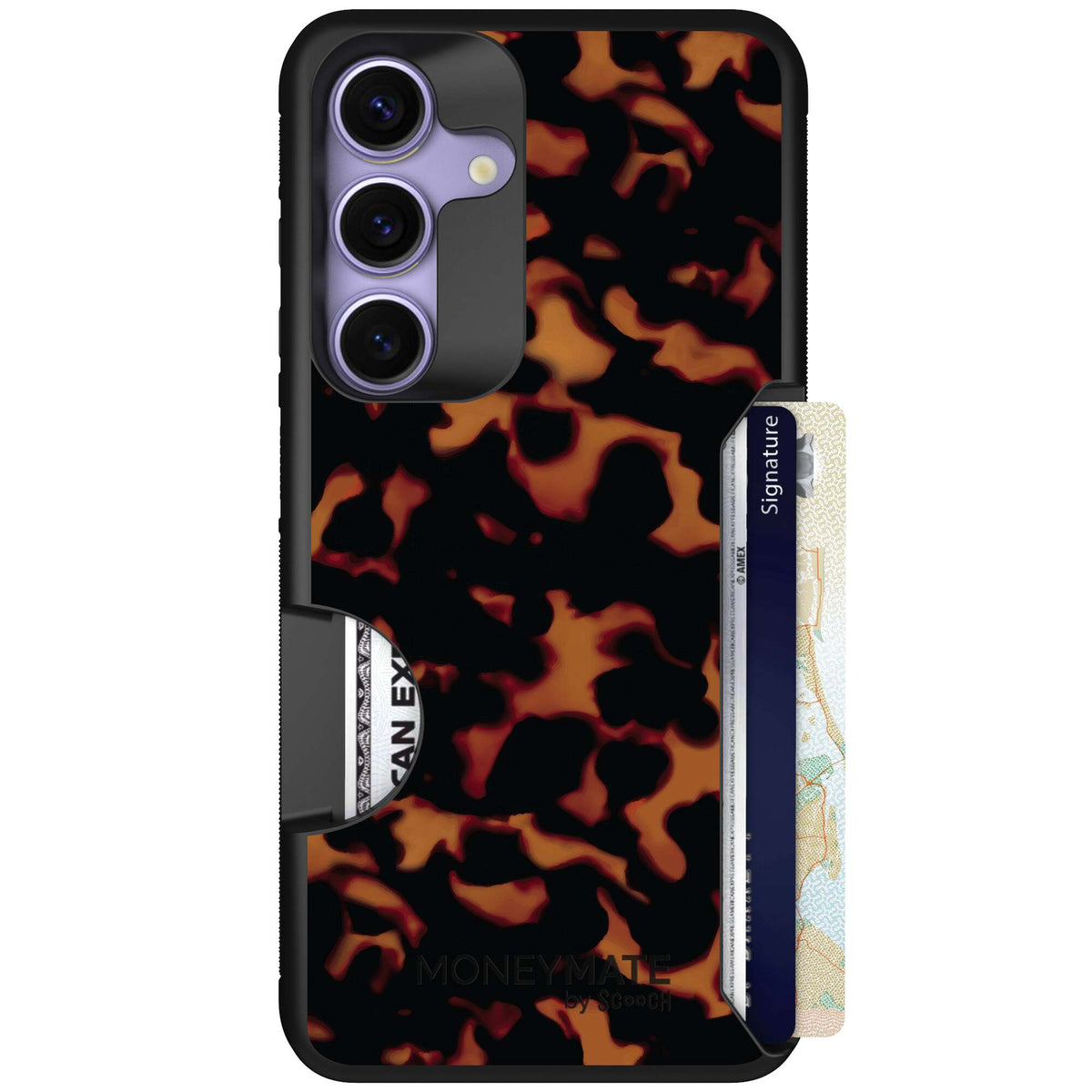 Tortoise Shell amber brown and black mottled pattern on a scoochzza Moneymate case for Galaxy S25