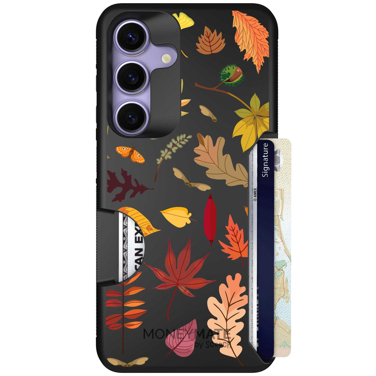 Autumn Leaves multicolored fall foliage pattern on a charcoal scoochzza Moneymate case for Galaxy S25