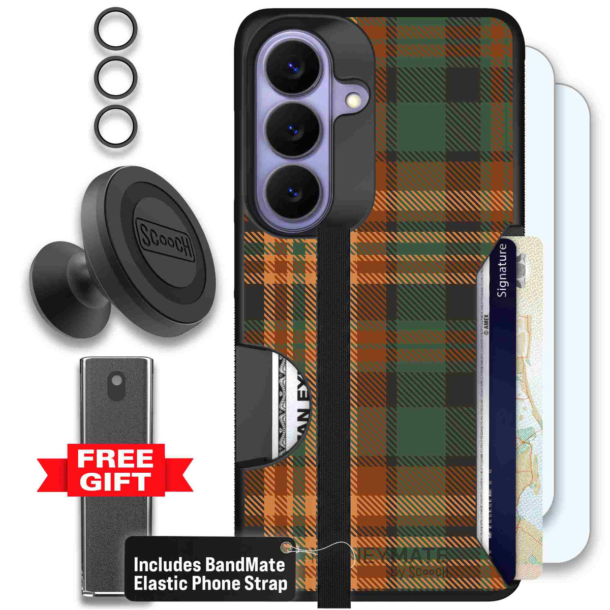 Fall Flannel orange and brown plaid pattern on a scoochzza Moneymate case for Galaxy S26 - Defender Bundle