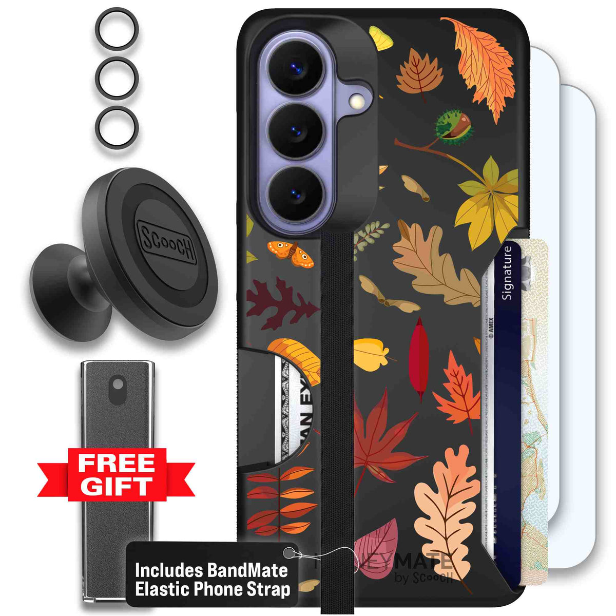 Autumn Leaves multicolored fall foliage pattern on a charcoal scoochzza Moneymate case for Galaxy S26 - Defender Bundle