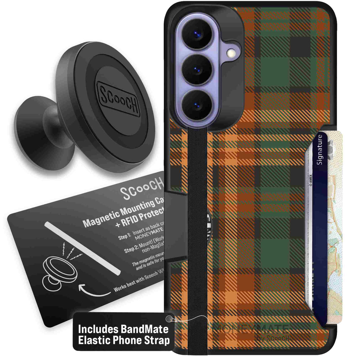 Fall Flannel orange and brown plaid pattern on a scoochzza Moneymate case for Galaxy S26+ - Starter Bundle