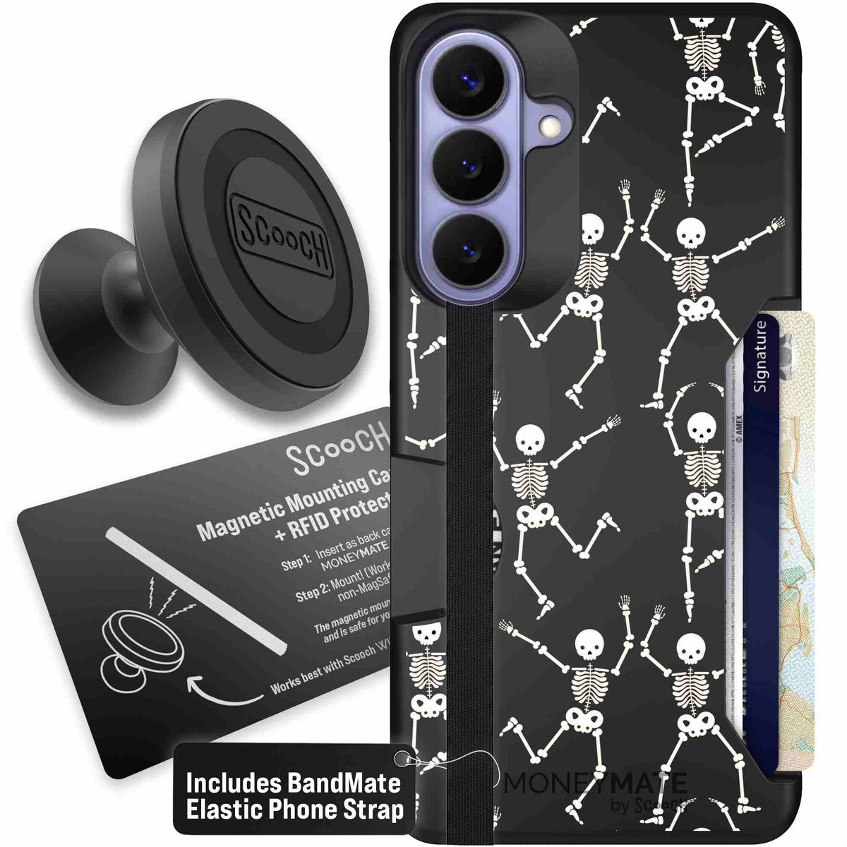 Swinging Skeletons white dancing skeleton pattern on a black scoochzza Moneymate case for Galaxy S26+ - Starter Bundle