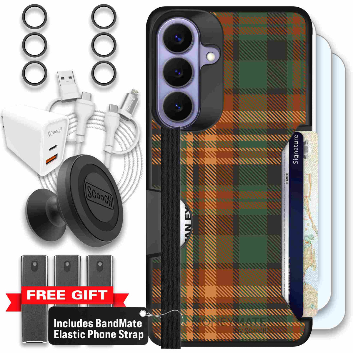 Fall Flannel orange and brown plaid pattern on a scoochzza Moneymate case for Galaxy S26+ - Ultimate Bundle