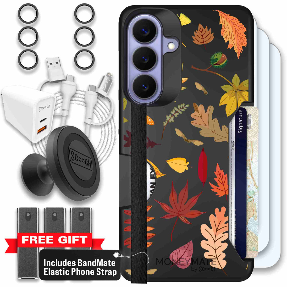 Autumn Leaves multicolored fall foliage pattern on a charcoal scoochzza Moneymate case for Galaxy S26+ - Ultimate Bundle