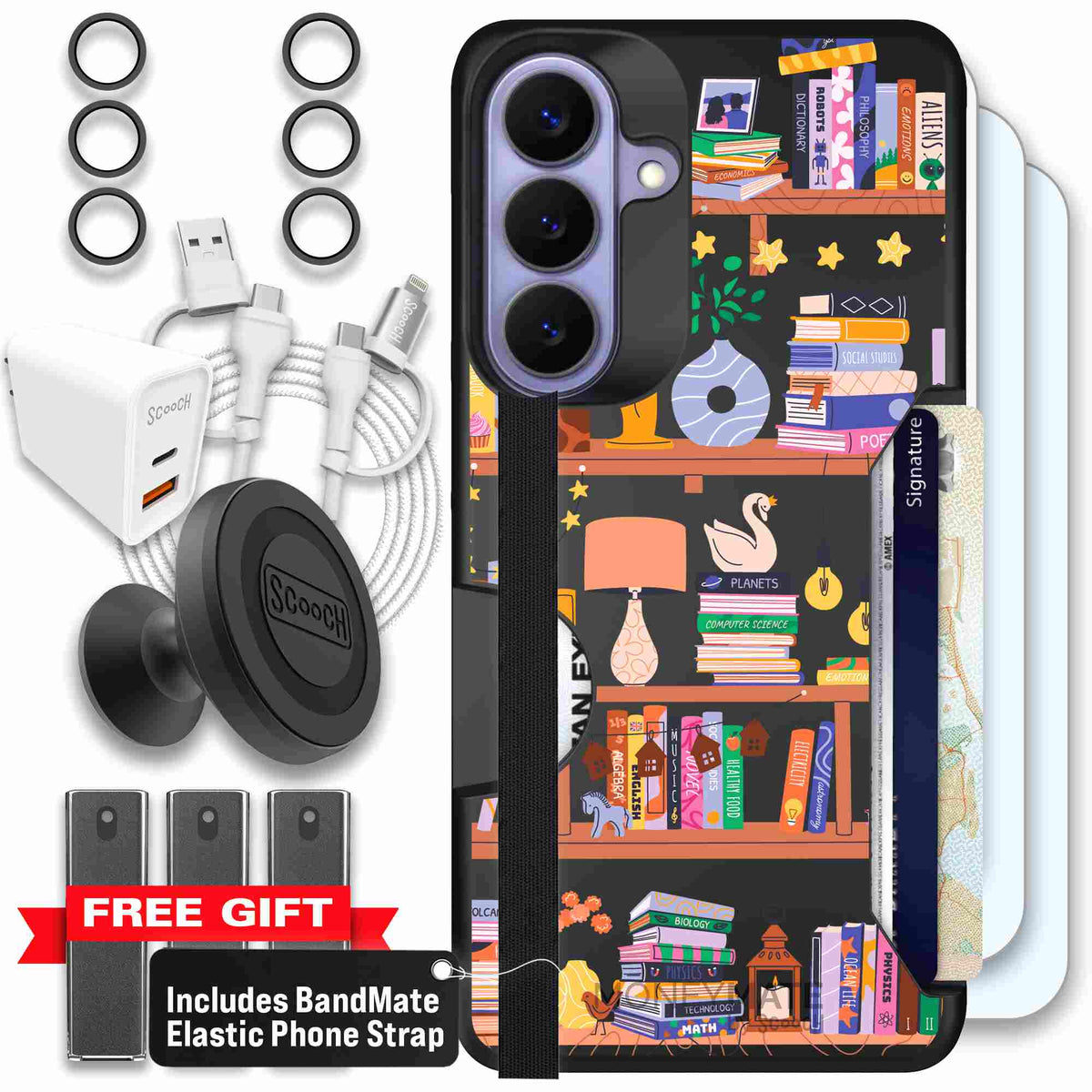 Little Library colorful book and bookshelf pattern on a scoochzza Moneymate case for Galaxy S26+ - Ultimate Bundle