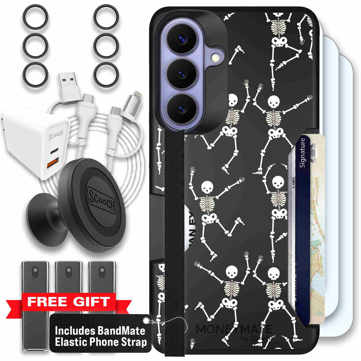 Swinging Skeletons white dancing skeleton pattern on a black scoochzza Moneymate case for Galaxy S26+ - Ultimate Bundle