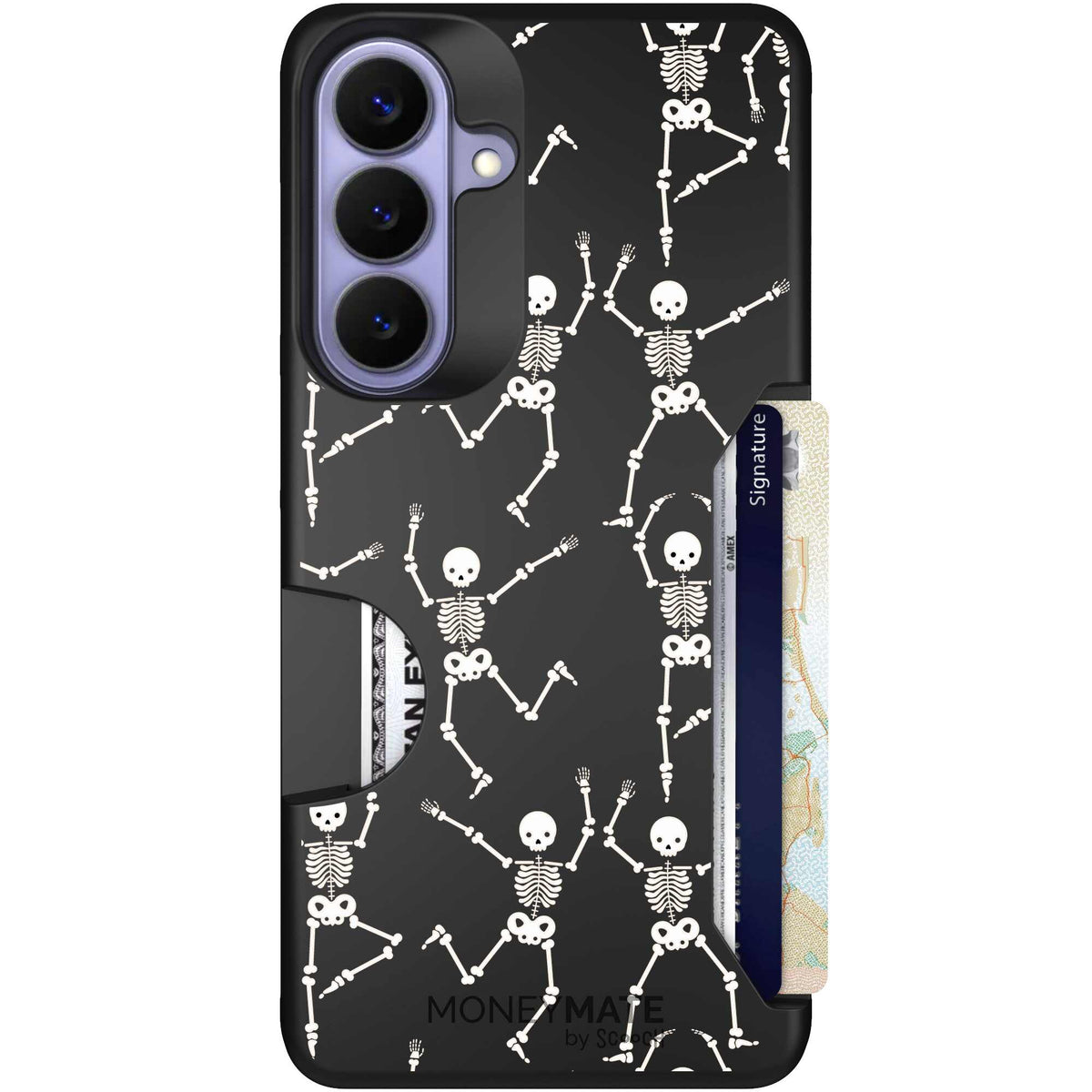 Swinging Skeletons white dancing skeleton pattern on a black scoochzza Moneymate case for Galaxy S26+