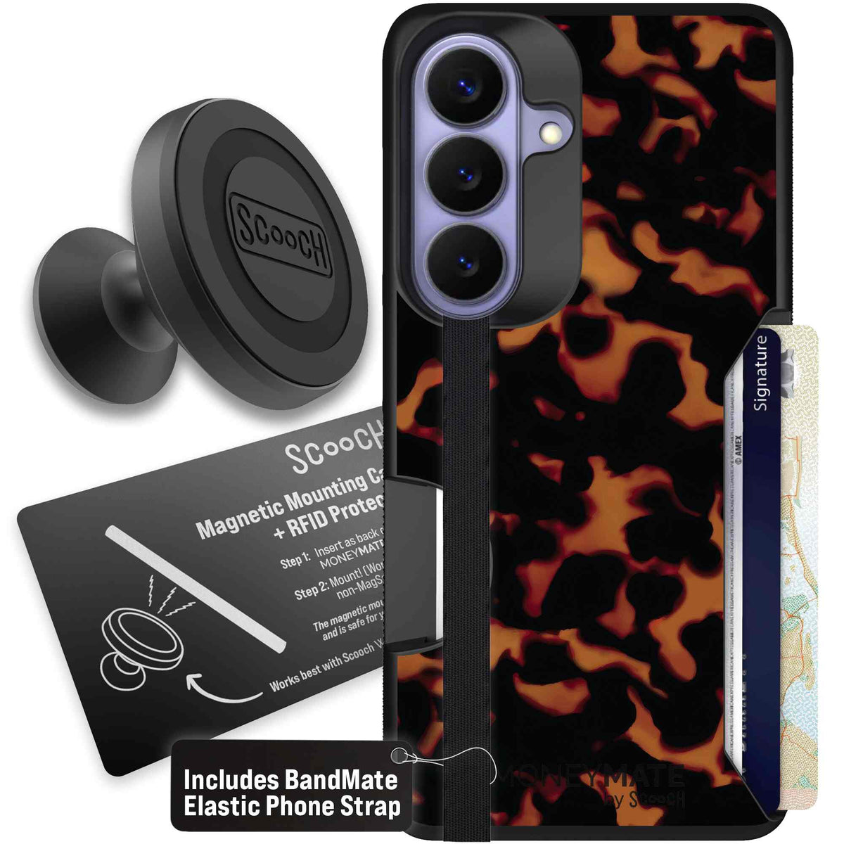 Tortoise Shell amber brown and black mottled pattern on a scoochzza Moneymate case for Galaxy S26 - Starter Bundle