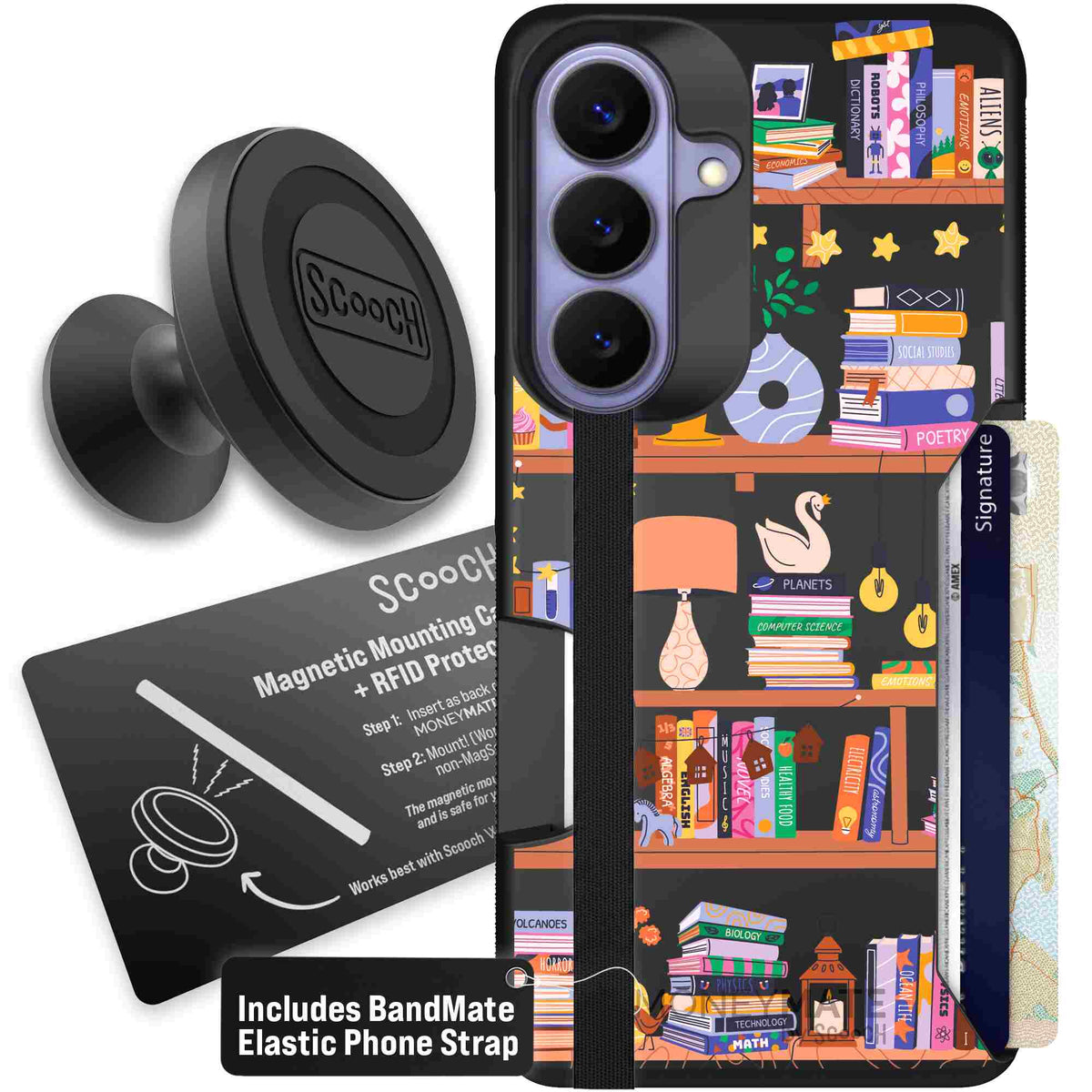 Little Library colorful book and bookshelf pattern on a scoochzza Moneymate case for Galaxy S26 - Starter Bundle