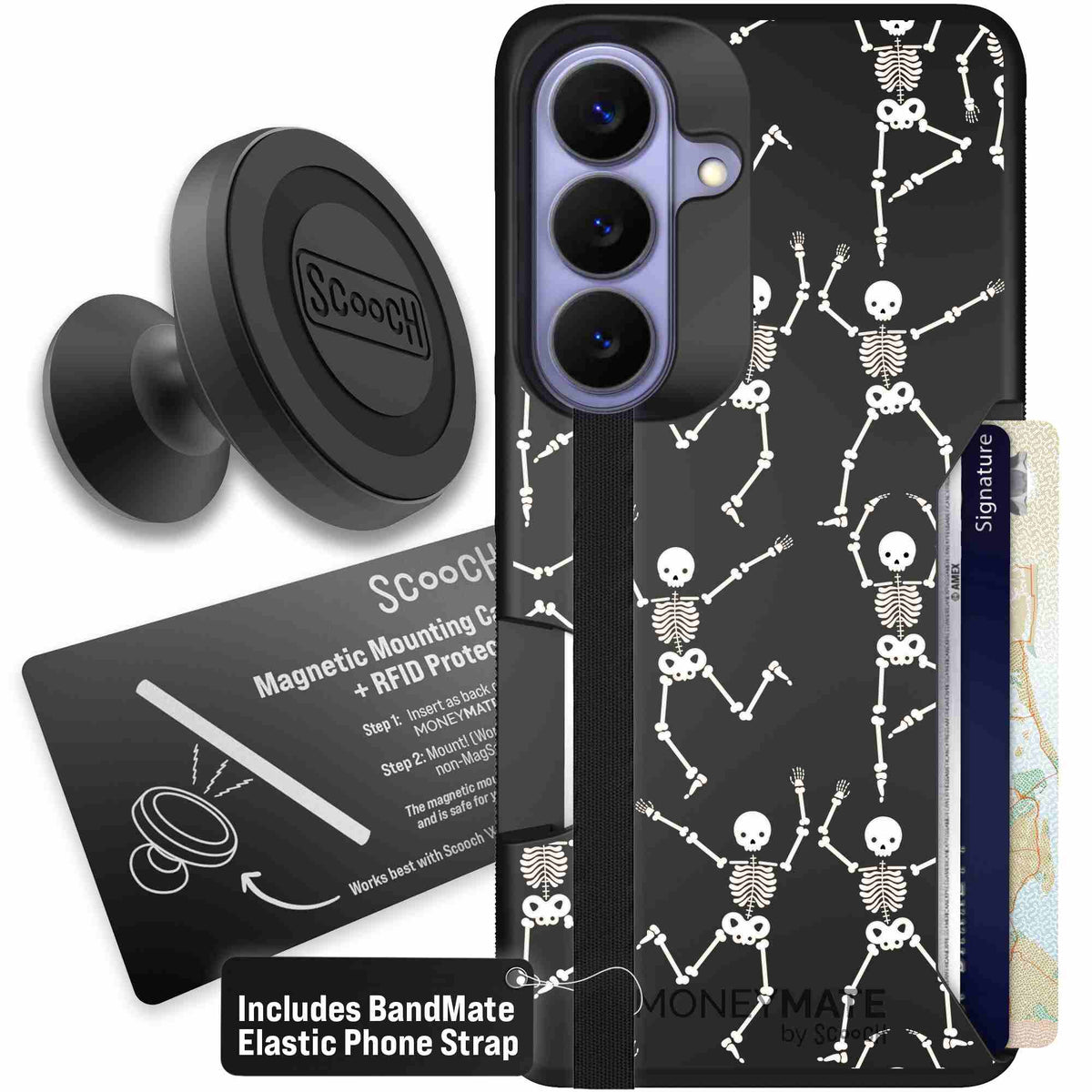 Swinging Skeletons white dancing skeleton pattern on a black scoochzza Moneymate case for Galaxy S26 - Starter Bundle