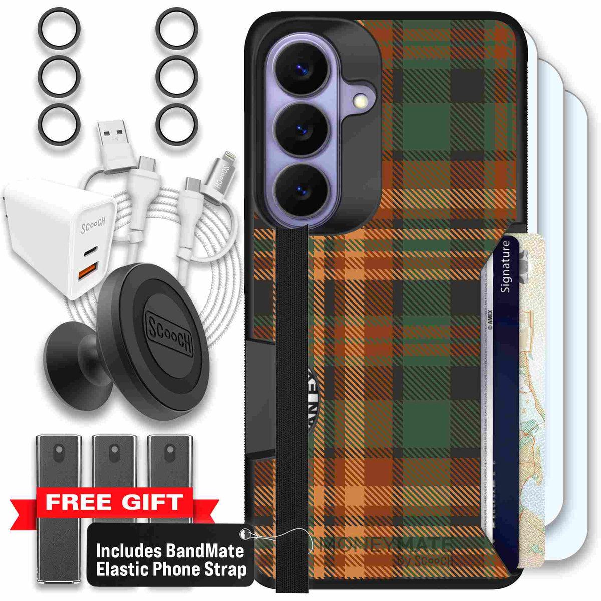 Fall Flannel orange and brown plaid pattern on a scoochzza Moneymate case for Galaxy S26 - Ultimate Bundle