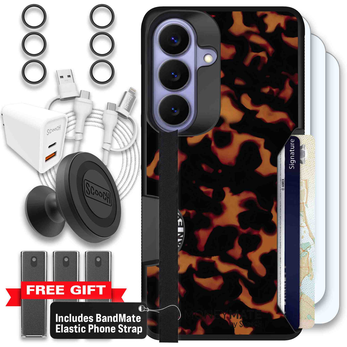 Tortoise Shell amber brown and black mottled pattern on a scoochzza Moneymate case for Galaxy S26 - Ultimate Bundle