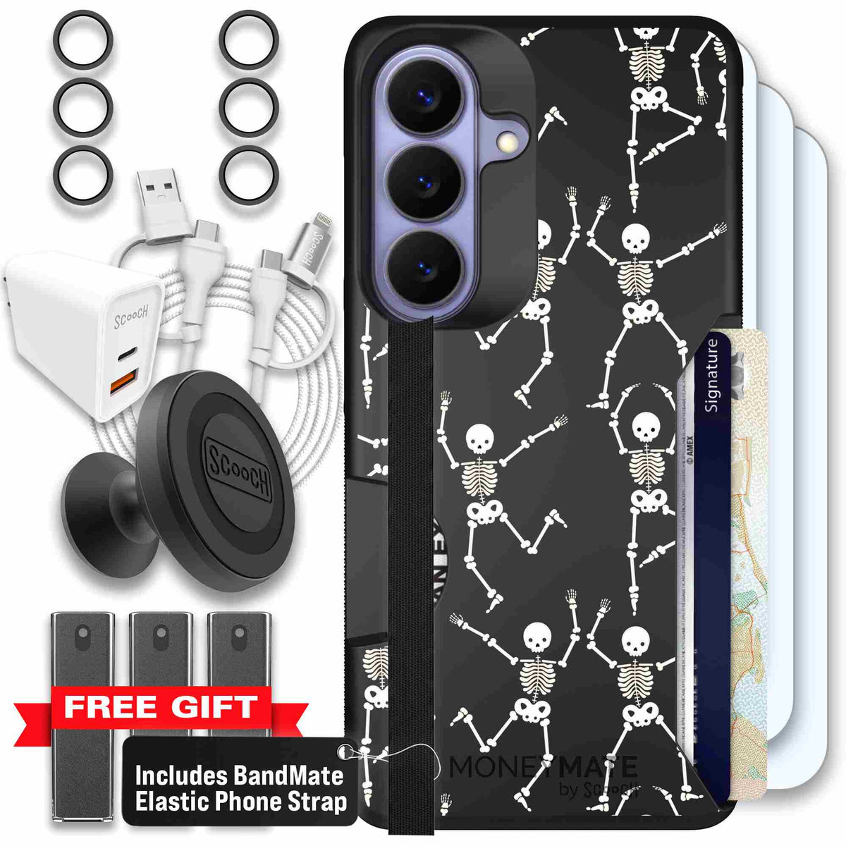 Swinging Skeletons white dancing skeleton pattern on a black scoochzza Moneymate case for Galaxy S26 - Ultimate Bundle