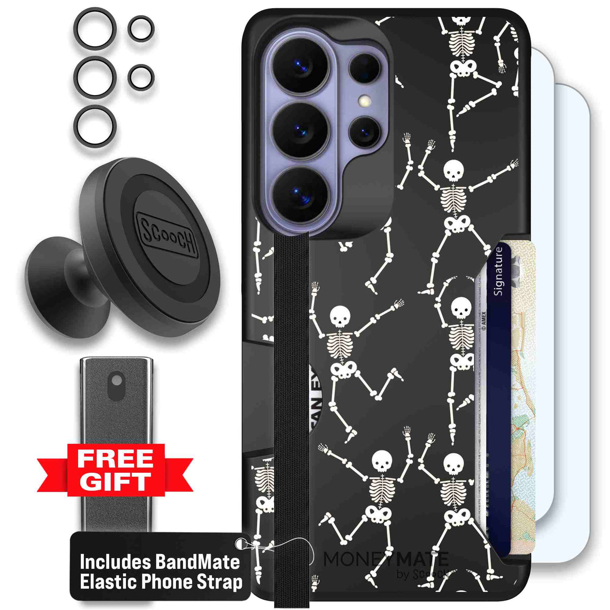 Swinging Skeletons white dancing skeleton pattern on a black scoochzza Moneymate case for Galaxy S26 Ultra - Defender Bundle