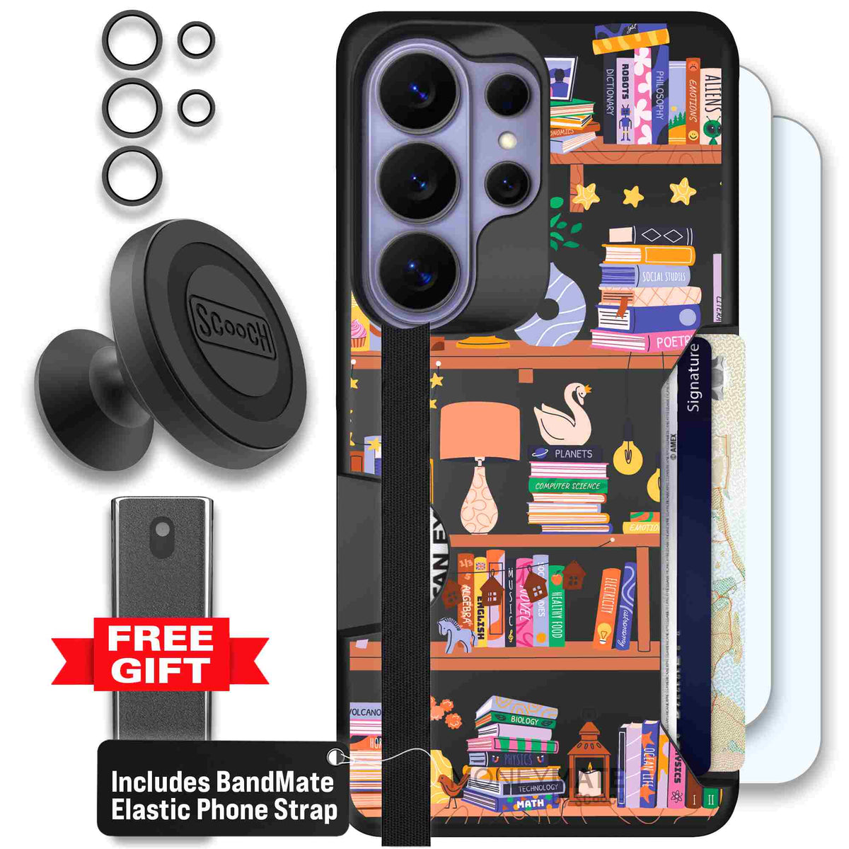 Little Library colorful book and bookshelf pattern on a scoochzza Moneymate case for Galaxy S26 Ultra - Defender Bundle