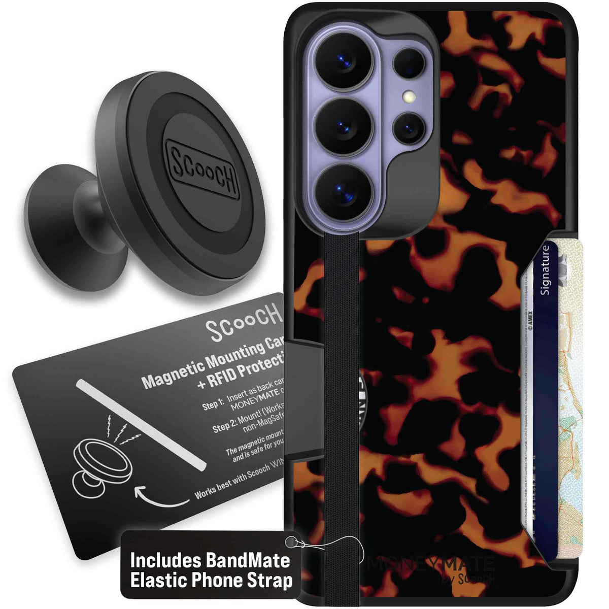 Tortoise Shell amber brown and black mottled pattern on a scoochzza Moneymate case for Galaxy S26 Ultra - Starter Bundle