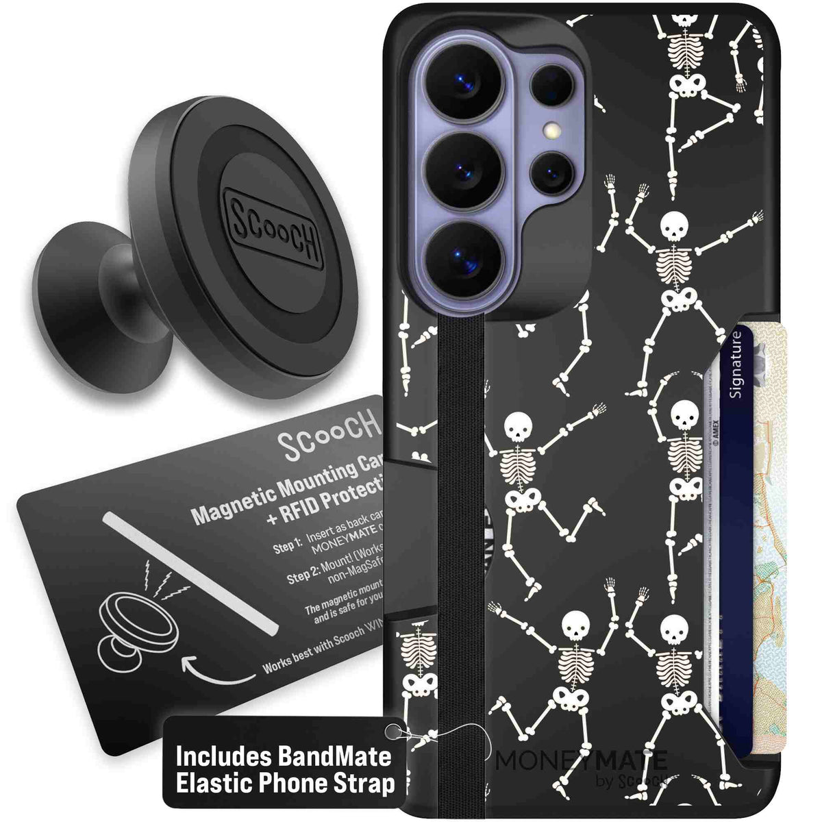 Swinging Skeletons white dancing skeleton pattern on a black scoochzza Moneymate case for Galaxy S26 Ultra - Starter Bundle