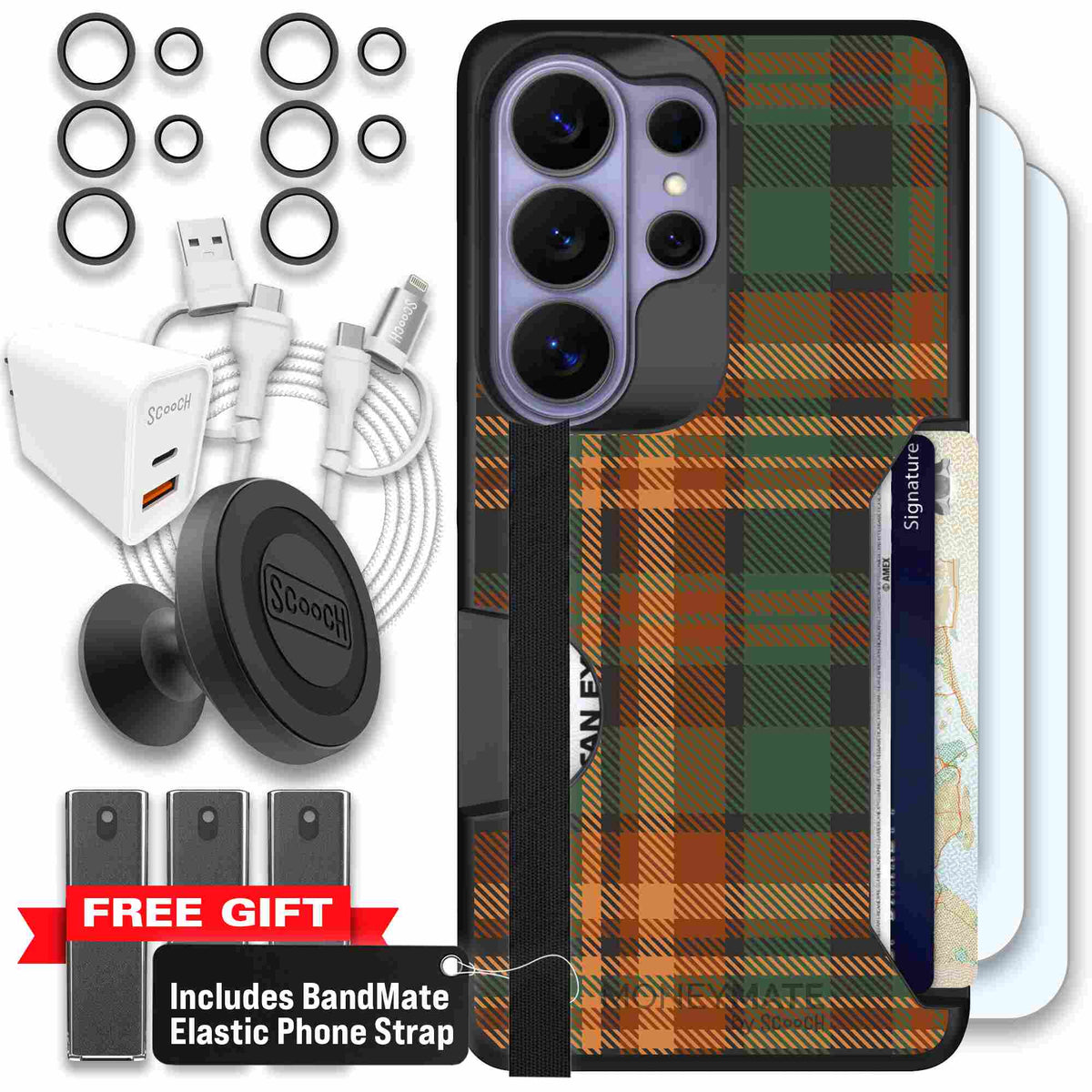 Fall Flannel orange and brown plaid pattern on a scoochzza Moneymate case for Galaxy S26 Ultra - Ultimate Bundle