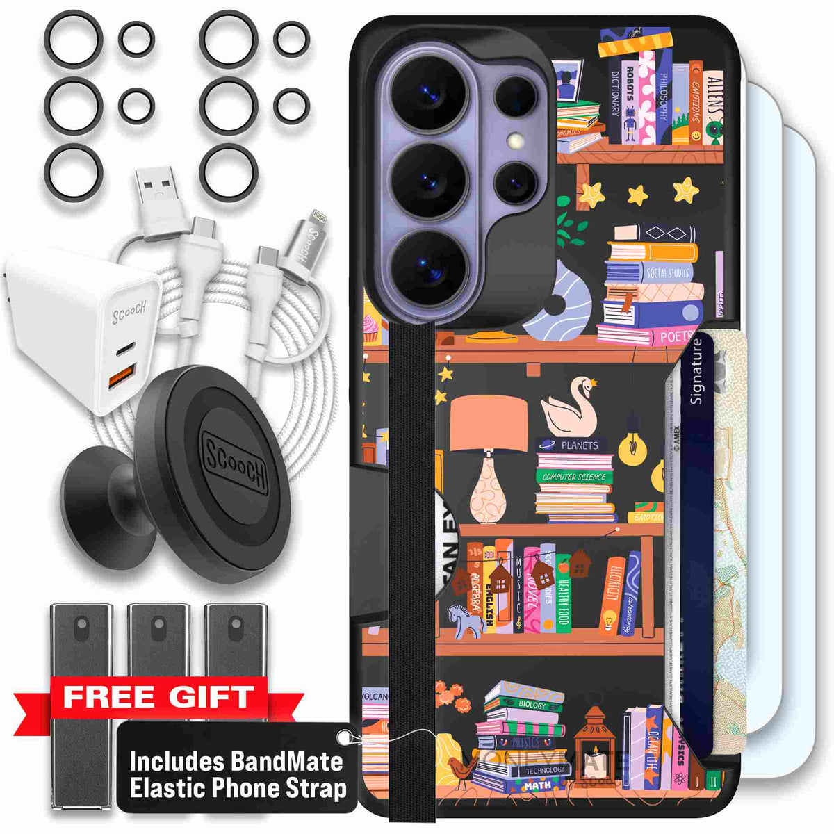 Little Library colorful book and bookshelf pattern on a scoochzza Moneymate case for Galaxy S26 Ultra - Ultimate Bundle
