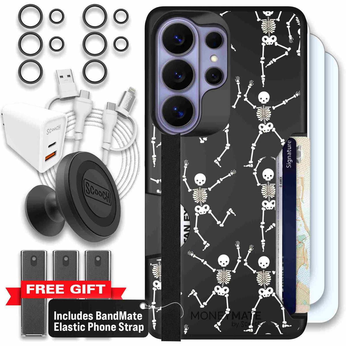 Swinging Skeletons white dancing skeleton pattern on a black scoochzza Moneymate case for Galaxy S26 Ultra - Ultimate Bundle