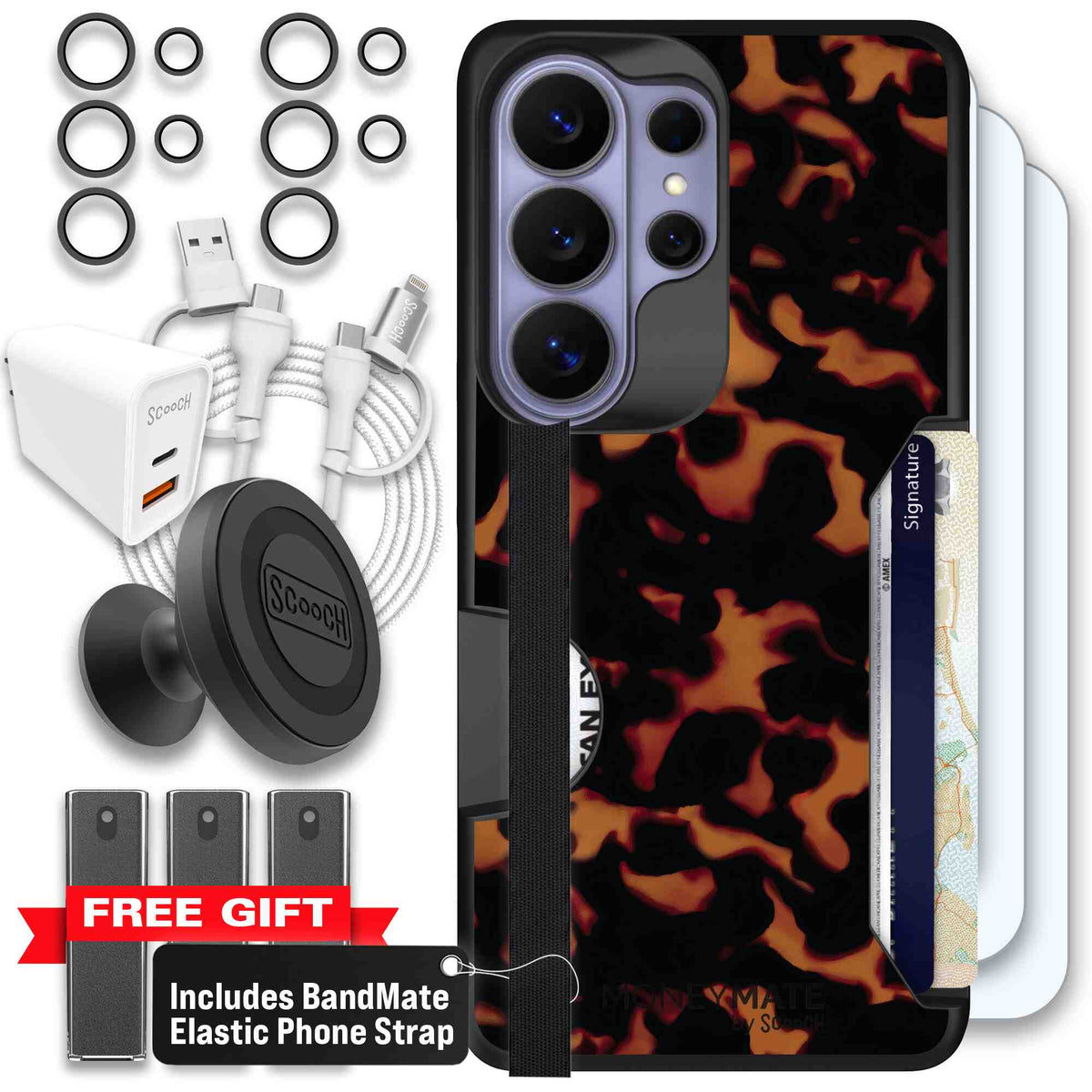 Tortoise Shell amber brown and black mottled pattern on a scoochzza Moneymate case for Galaxy S26 Ultra - Ultimate Bundle