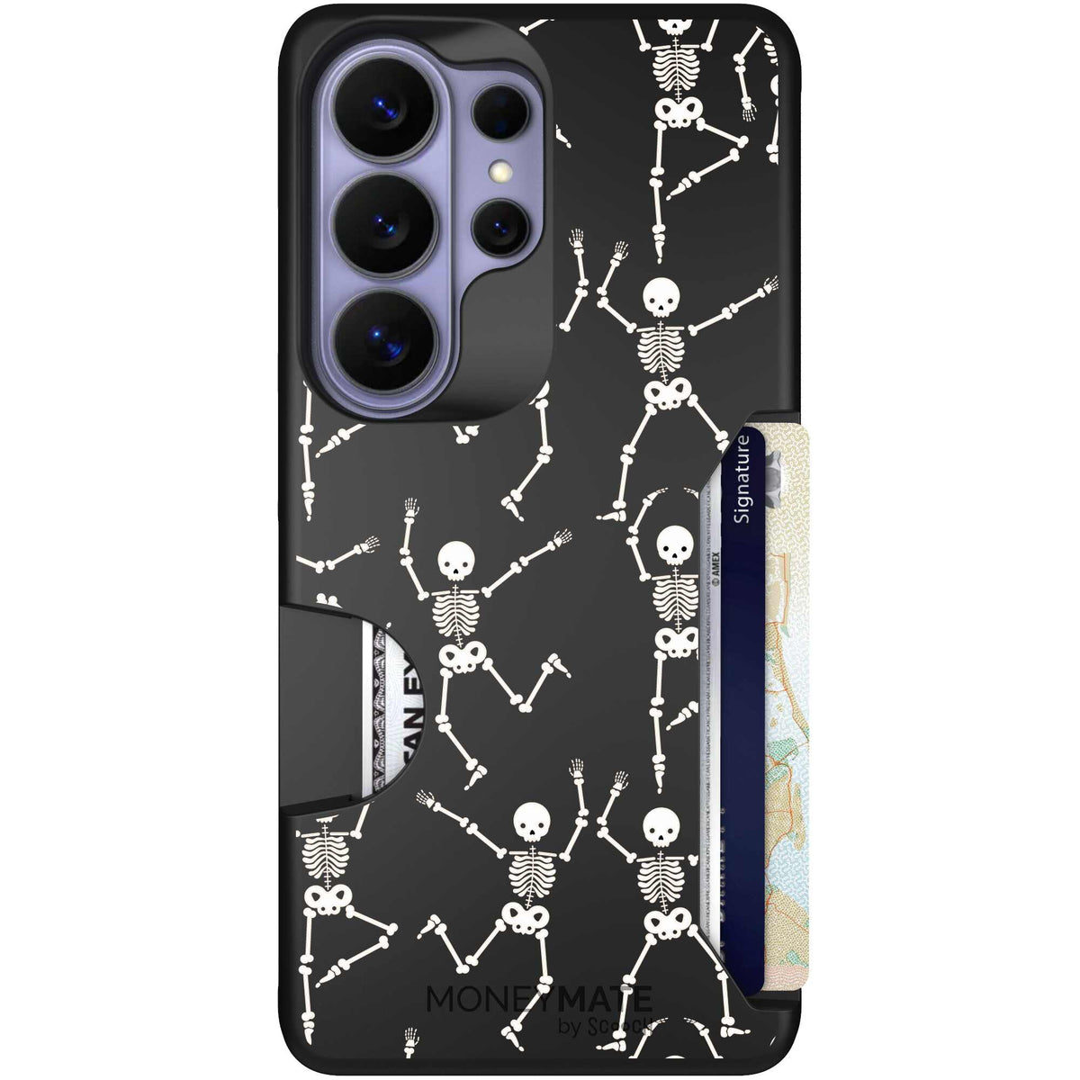 Swinging Skeletons white dancing skeleton pattern on a black scoochzza Moneymate case for Galaxy S26 Ultra