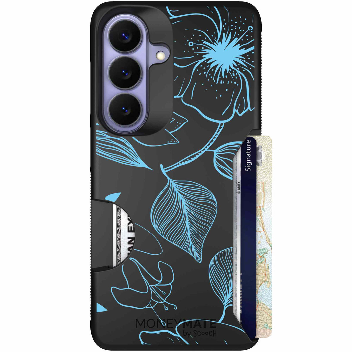 Blue Hibiscus cyan-blue tropical flower pattern on a charcoal scoochzza Moneymate case for Galaxy S26