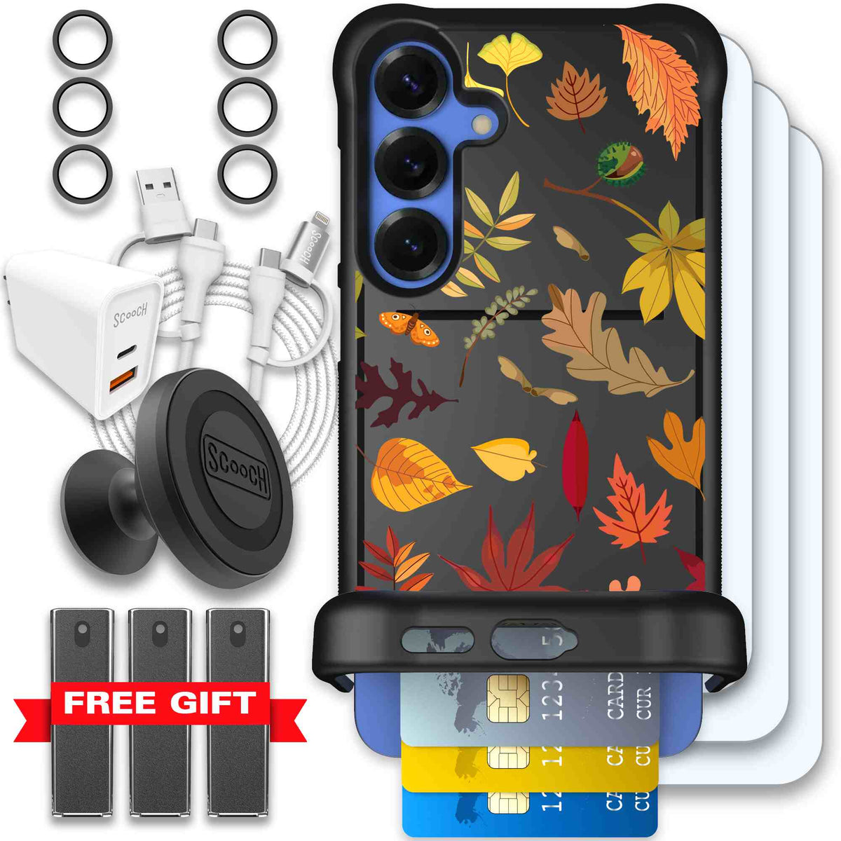 Autumn Leaves multicolored fall foliage pattern on a charcoal scoochzza Wingmate case for Galaxy S25+ - Ultimate Bundle