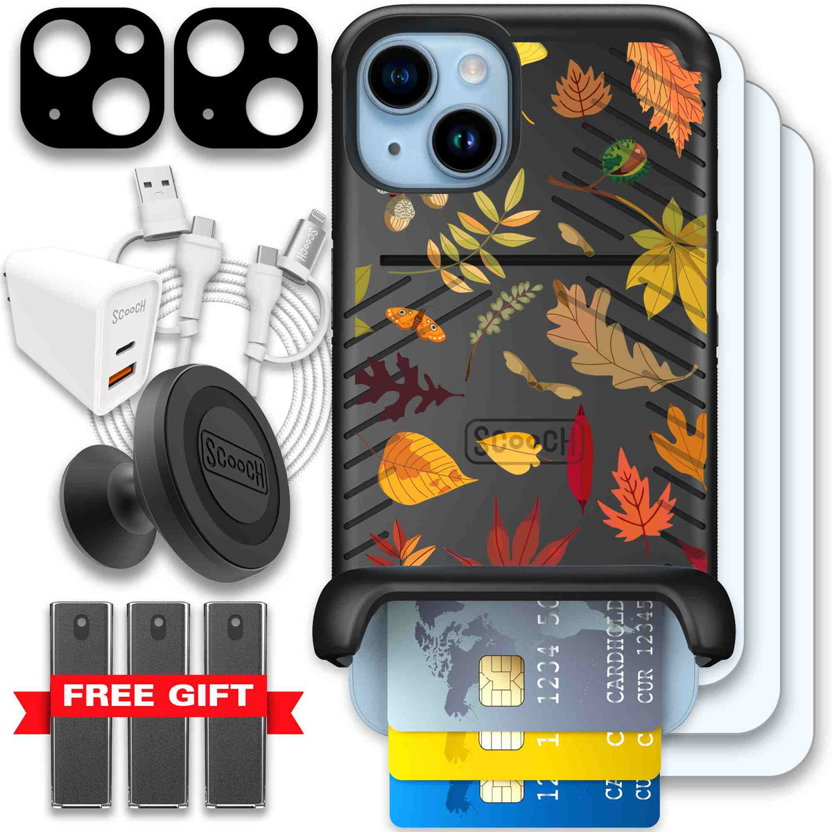 Autumn Leaves multicolored fall foliage pattern on a charcoal scoochzza Wingmate case for iPhone 14 - Ultimate Bundle