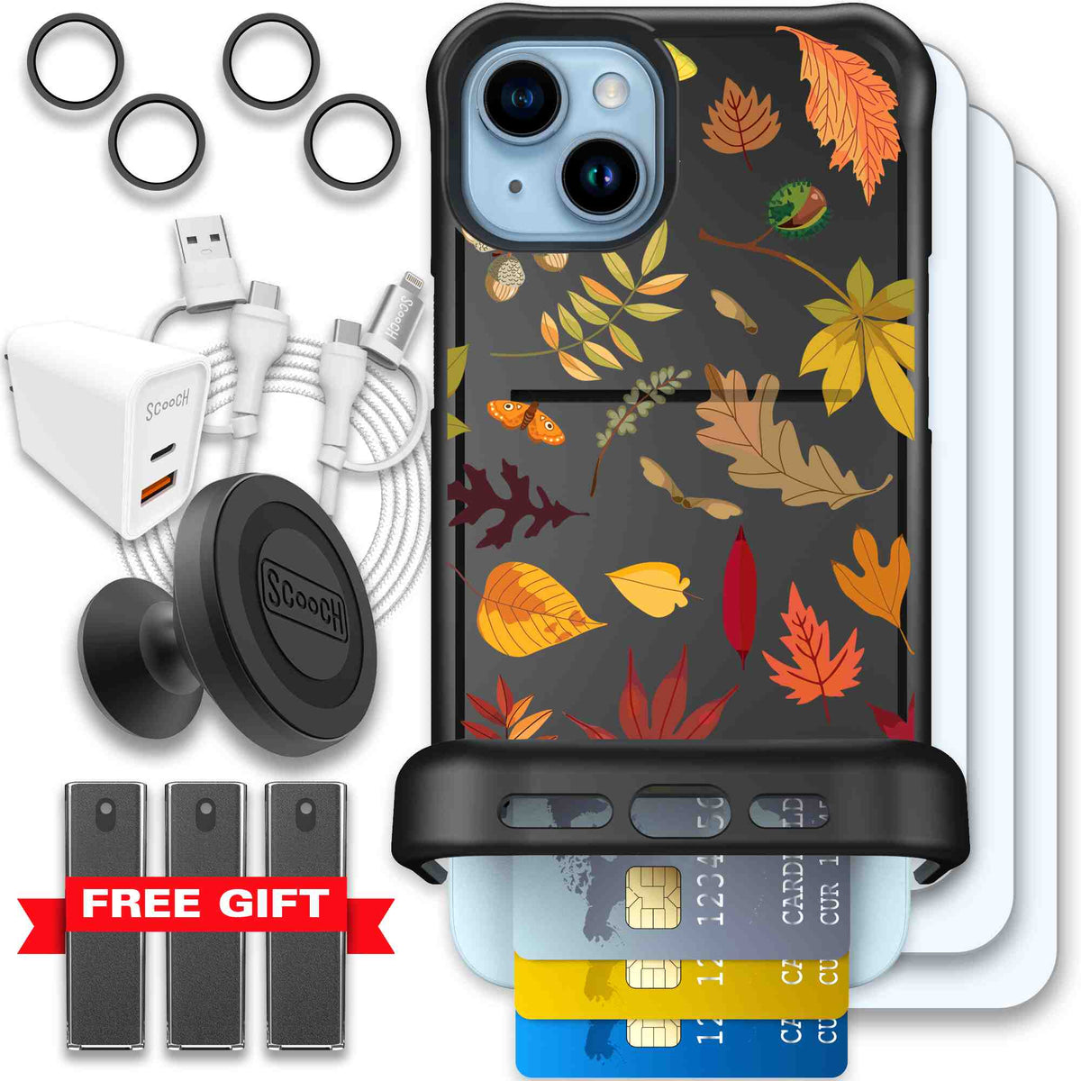 Autumn Leaves multicolored fall foliage pattern on a charcoal scoochzza Wingmate case for iPhone 15 Plus - Ultimate Bundle