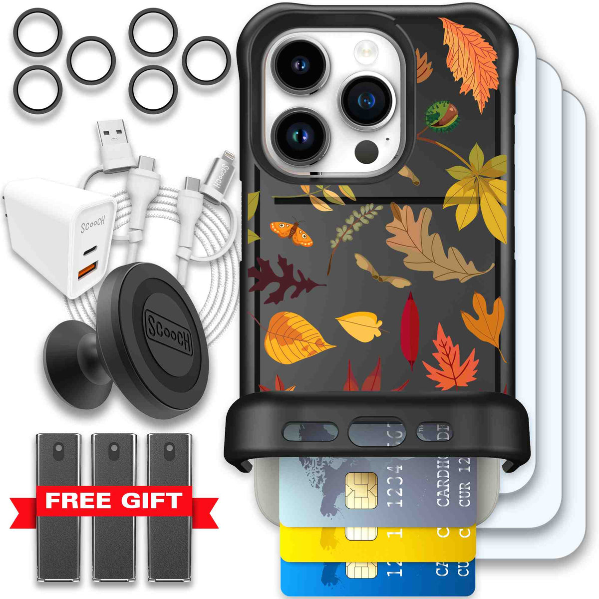 Autumn Leaves multicolored fall foliage pattern on a charcoal scoochzza Wingmate case for iPhone 15 Pro - Ultimate Bundle