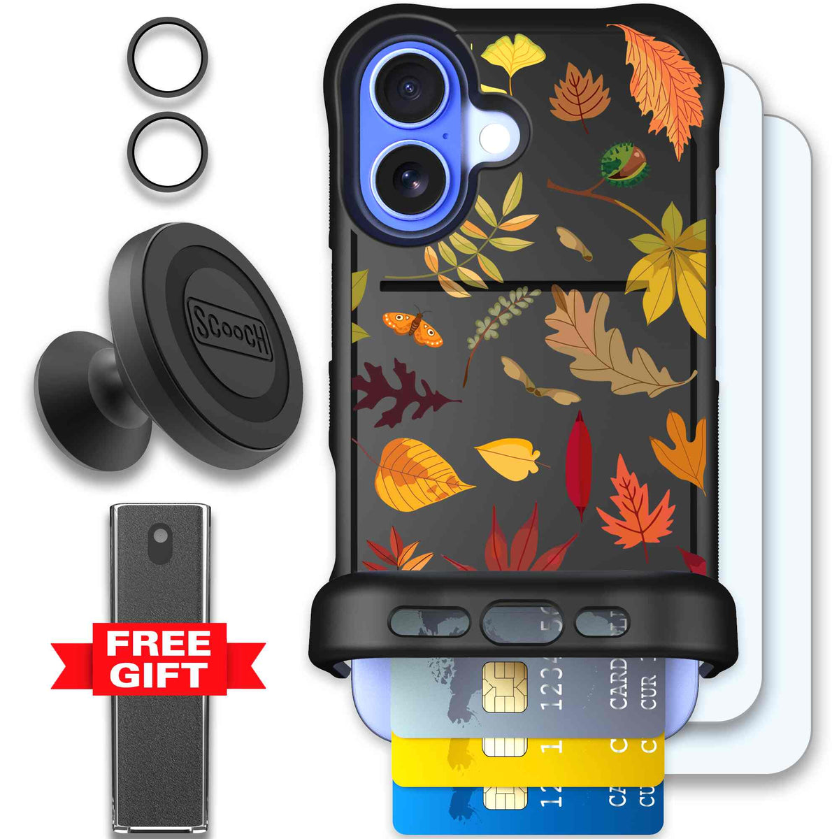 Autumn Leaves multicolored fall foliage pattern on a charcoal scoochzza Wingmate case for iPhone 16 - Defender Bundle