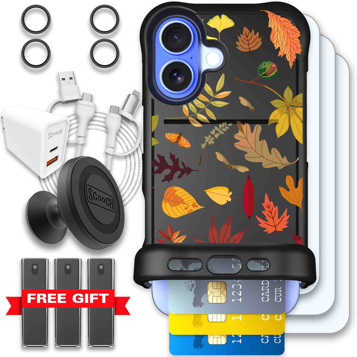 Autumn Leaves multicolored fall foliage pattern on a charcoal scoochzza Wingmate case for iPhone 16 - Ultimate Bundle