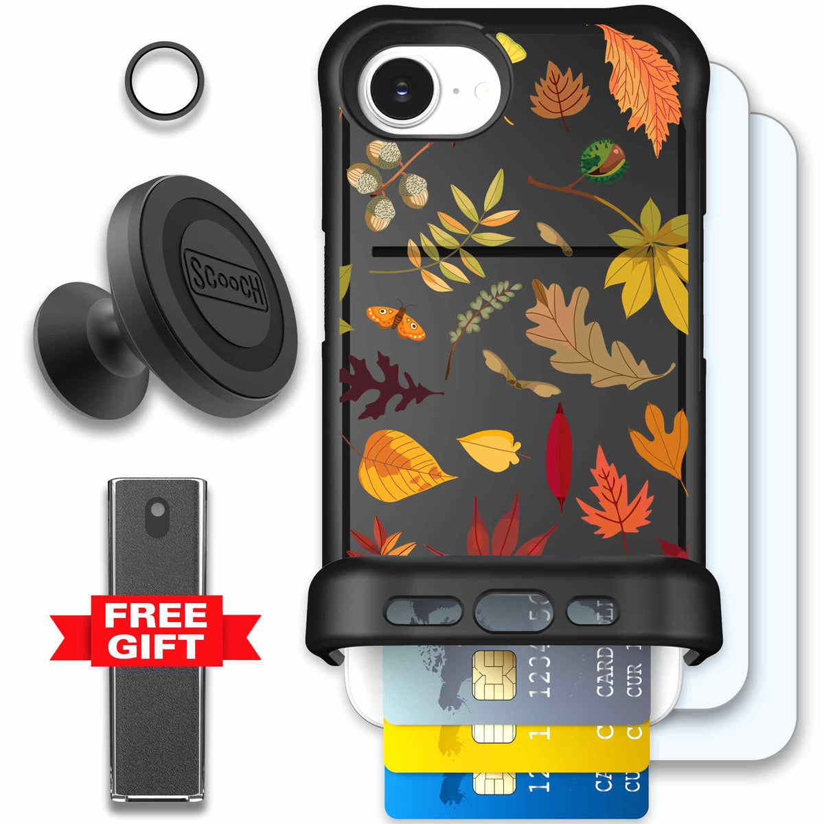 Autumn Leaves multicolored fall foliage pattern on a charcoal scoochzza Wingmate case for iPhone 17e - Defender Bundle