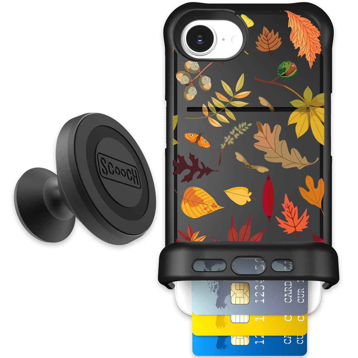 Autumn Leaves multicolored fall foliage pattern on a charcoal scoochzza Wingmate case for iPhone 17e - Starter Bundle